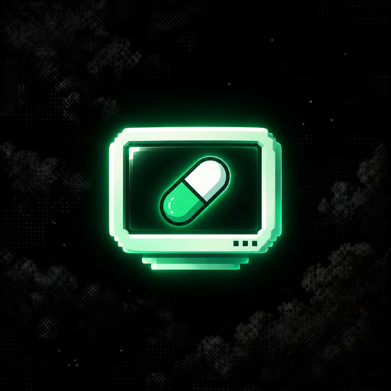 Neon retro monitor displaying a glowing green capsule